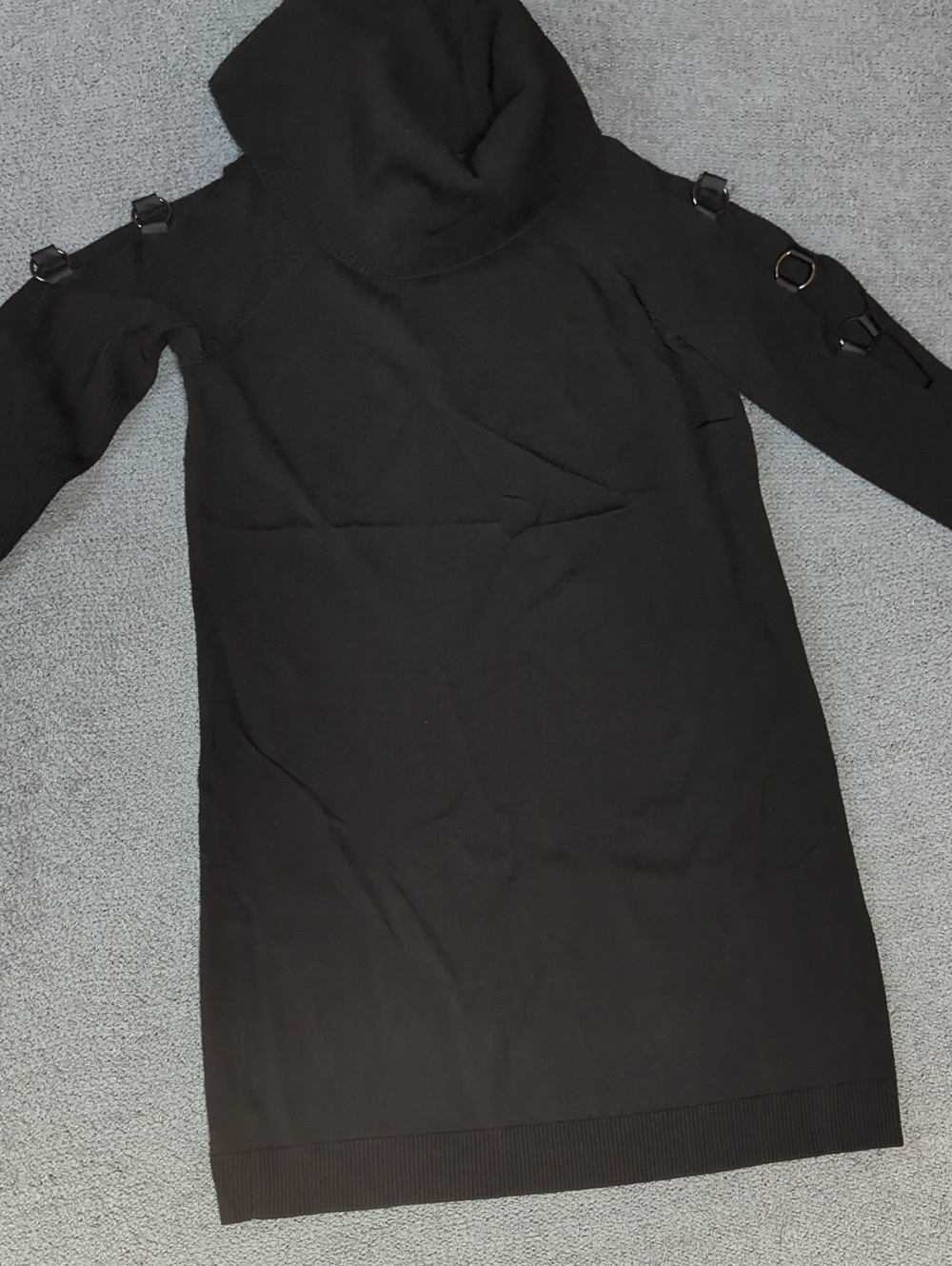 Black Turtleneck Sweater Dress with Ring-Detailed Cutout Sleeves